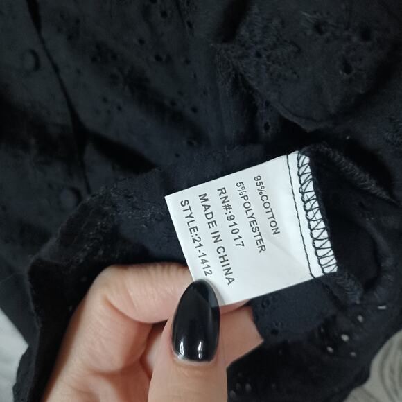 Solitaire Eyelet Button Front Blouse Collared Black Vintage Inspire Handmade New - Picture 5 of 7